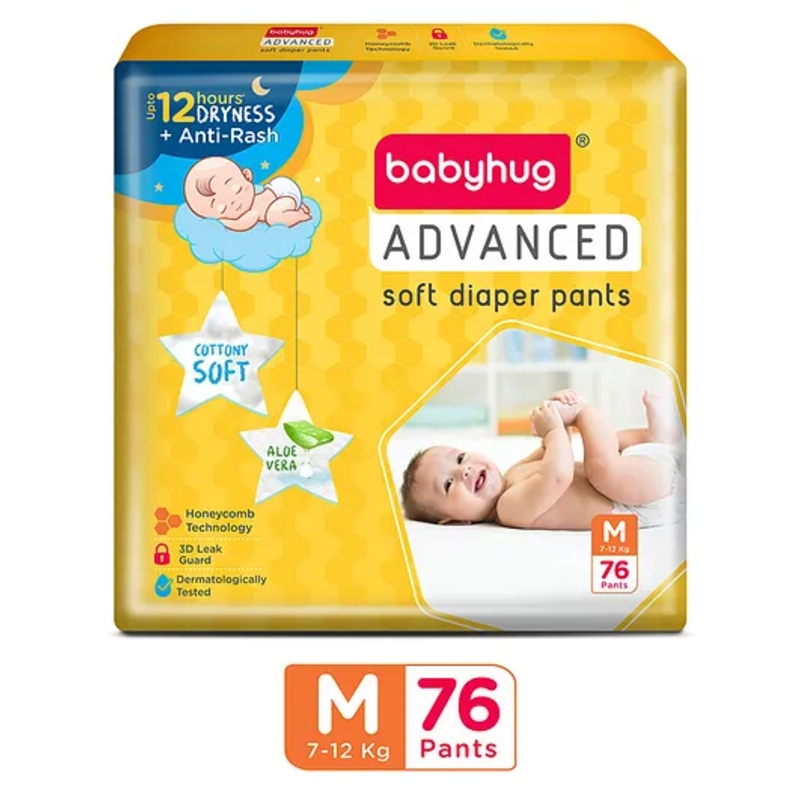 Babyhug Advanced Pant Style Diapers Medium (M) Size – 76 Pieces, Honeycomb Technology, Cottony Soft Diaper with 3D Leak Guard, Latex & Alcohol Free, Anti-rash & Gentle