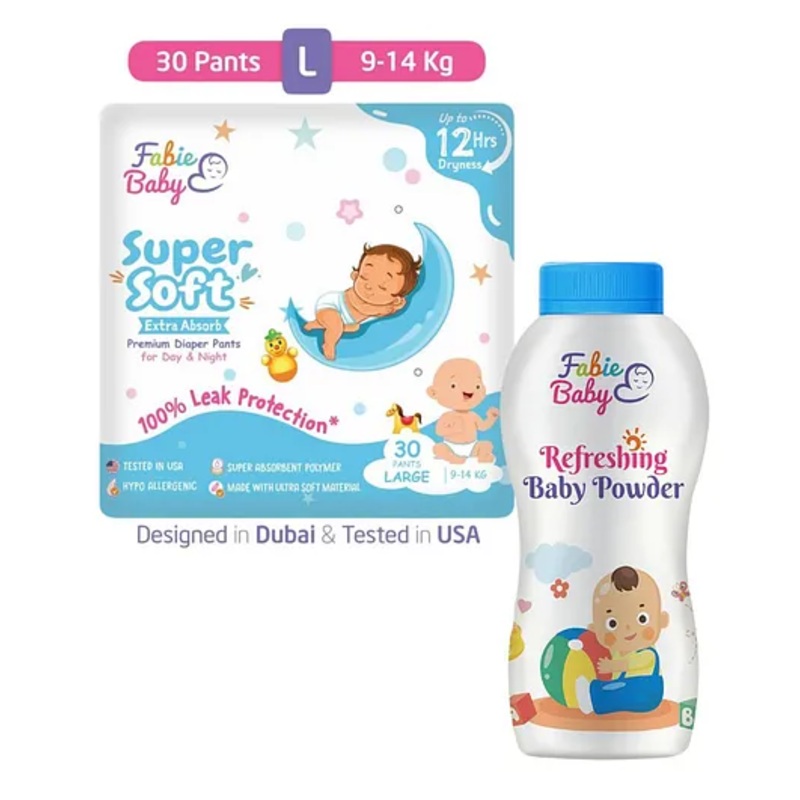 Fabie Baby Large Diapers (30pcs) with Baby Powder (50g)