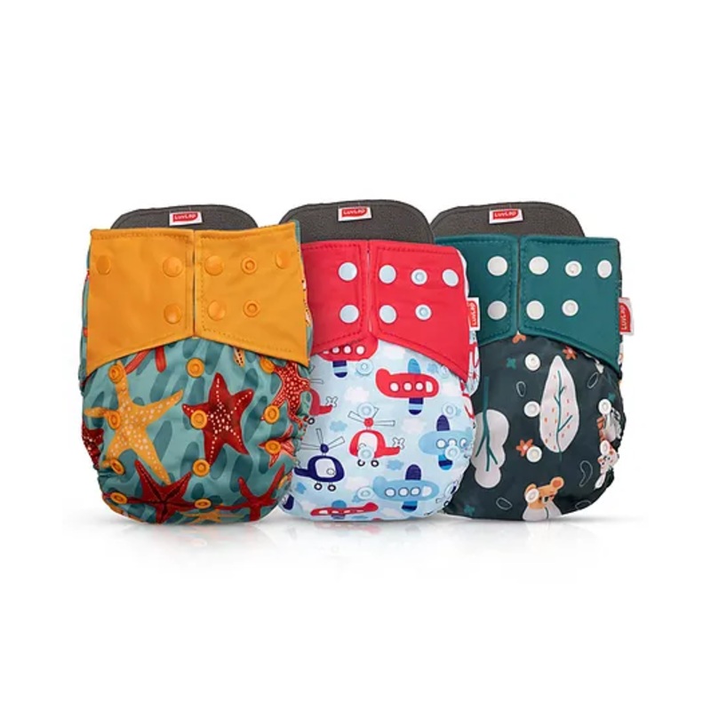 LuvLap Reusable Baby Cloth Diapers Combo Pack of 3, Orange & Green, White & Green, White & Blue, Double Leak Guard, High Absorption, 3+ Months