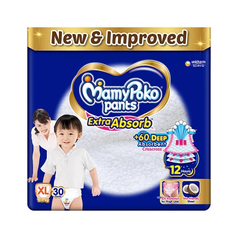 MamyPoko Pants Extra Absorb Baby Diapers, Extra Large (XL size) | 12-17 kg | 30 Count |Deep Sleep Diapers| Soft gentle fit |Deep Absorbent Crisscross | skin friendly with coconut oil |