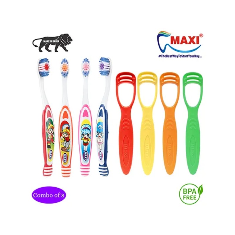 MAXI  Junior Oral Care Combos Toothrushes & Tongue Cleaner Pack of 8 – Multicolour
