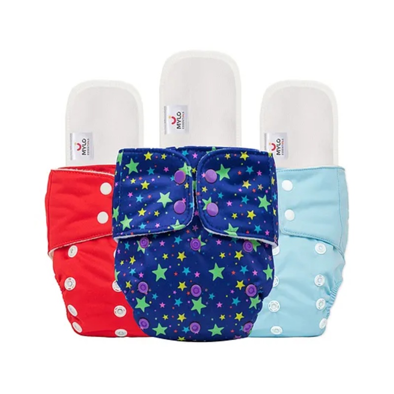 Mylo Baby Freesize Adjustable Cloth Diapers with 3 Free Insert Oeko Tex CertifiedPack of 3 – Red Blue Twinkle Print Multicolour