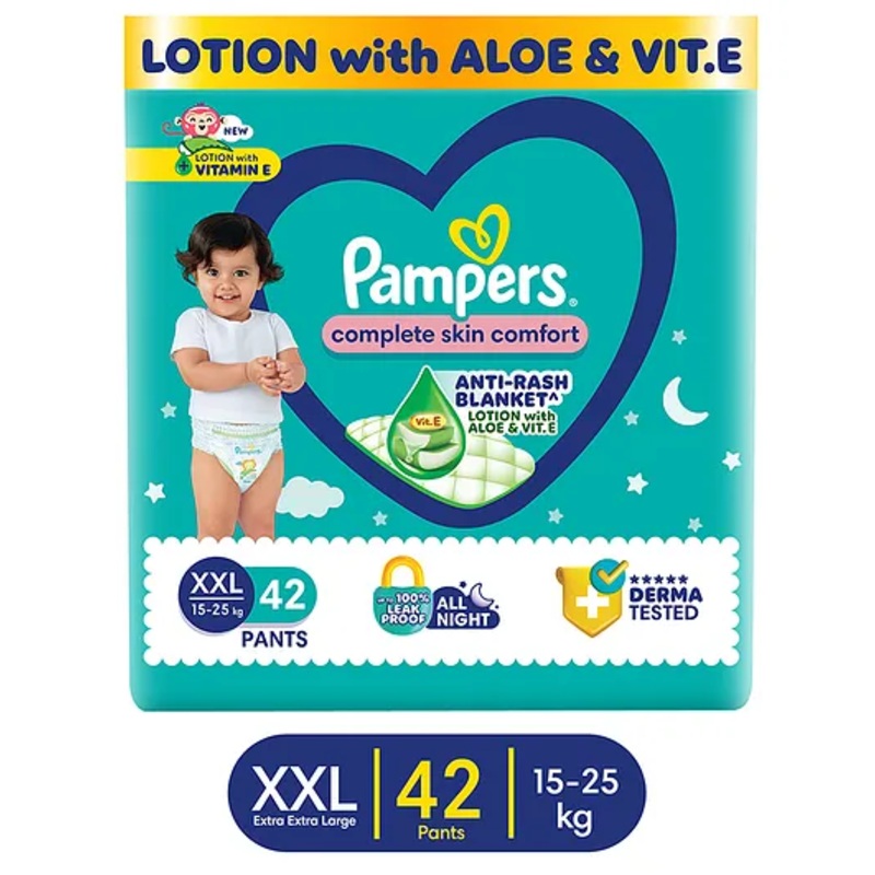 Pampers Complete Skin Comfort Pants, Anti-rash blanket, Lotion with Vitamin E & Aloe Vera, Double Extra Large size baby Diapers, (XXl) 42 Count, 15-25 kg