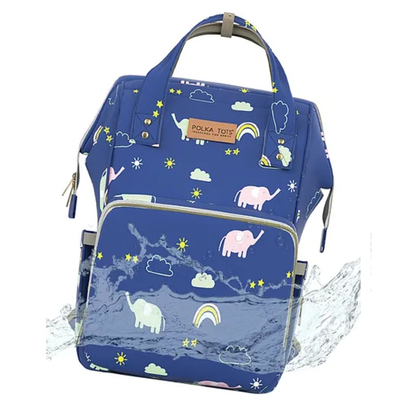 Polka Tots Premium Large Capacity Diaper Bag  Multifunctional Travel Backpack with 17 Pockets for Moms & Dads – (Blue Elephant Design)