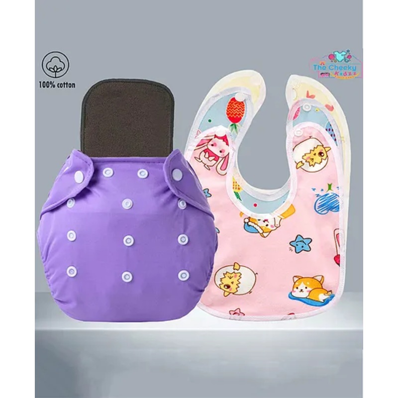 The Cheeky Kidzz Baby Essential Reusable Cotton Cloth Diaper With Bamboo Charcoal Insert With 3 Feeding Bib (PURPLE)