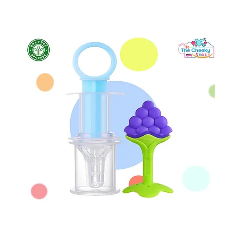 The Cheeky Kidzz Baby Soft Silicone Fruit Shaped Teether and Multi-Functional Smart Medicine Dropper Teether with Protective Travel Case (PURPLE)
