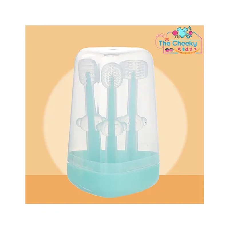 The Cheeky Kidzz Baby Toothbrush 3 In 1 BPA Free Silicone Toothbrush Set Includes U-Shape Tooth Scrubber, Tongue Cleaner & Front Massager Case(BLUE)