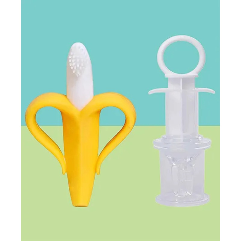 The Cheeky Kidzz Baby Ultra Soft Bristle Gum Massager Banana Silicone Toothbrush With Baby Multipurpose Feeding Medicine Dropper BPA Free