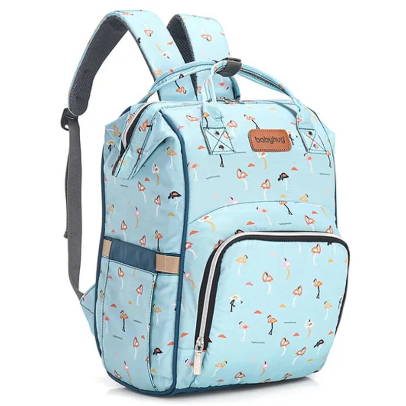 Babyhug Backpack Style Maternity Diaper Bag Flamingo Print Blue (Handle Colour May Vary)