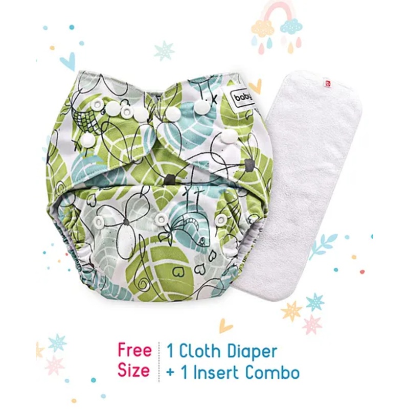 Babyhug Free Size Reusable Cloth Diaper With Insert Leaves Print – White