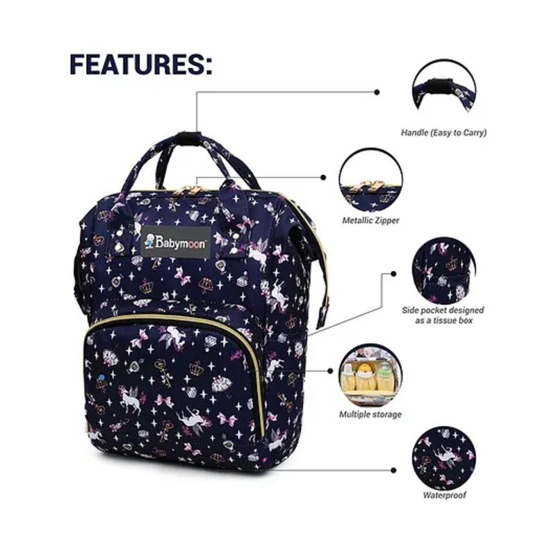 Babymoon Multifunction Backpack Style Maternity Unicorn Print Diaper Bag – Dark Blue