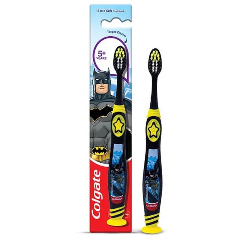 Colgate Baby Batman Toothbrush With Extra Soft Bristles & Tongue Cleaner – Black & Yellow