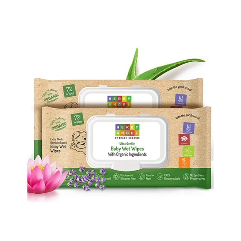 Herby Angel Ultra Gentle Baby Wet Wipes – Extra Thick Bamboo & Aloe Vera Based, Alcohol-Free Wipes with Lid (144 Wipes) (Pack of 2)