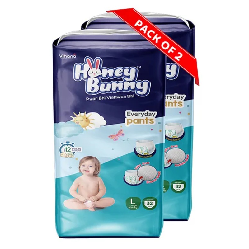 Honey Bunny Large  Everyday Baby Pants Diapers – 64 Pcs (2 Pack of 32 Pcs)