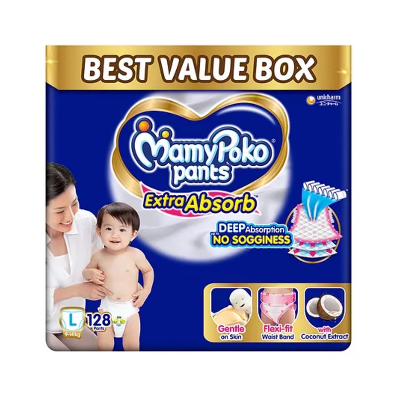 MamyPoko Pants Extra Absorb Baby Diapers, Large (L size) | 9-14 kg | 128 Count |Deep Sleep Diapers| Soft gentle fit |Deep Absorbent Crisscross | skin friendly with coconut oil |