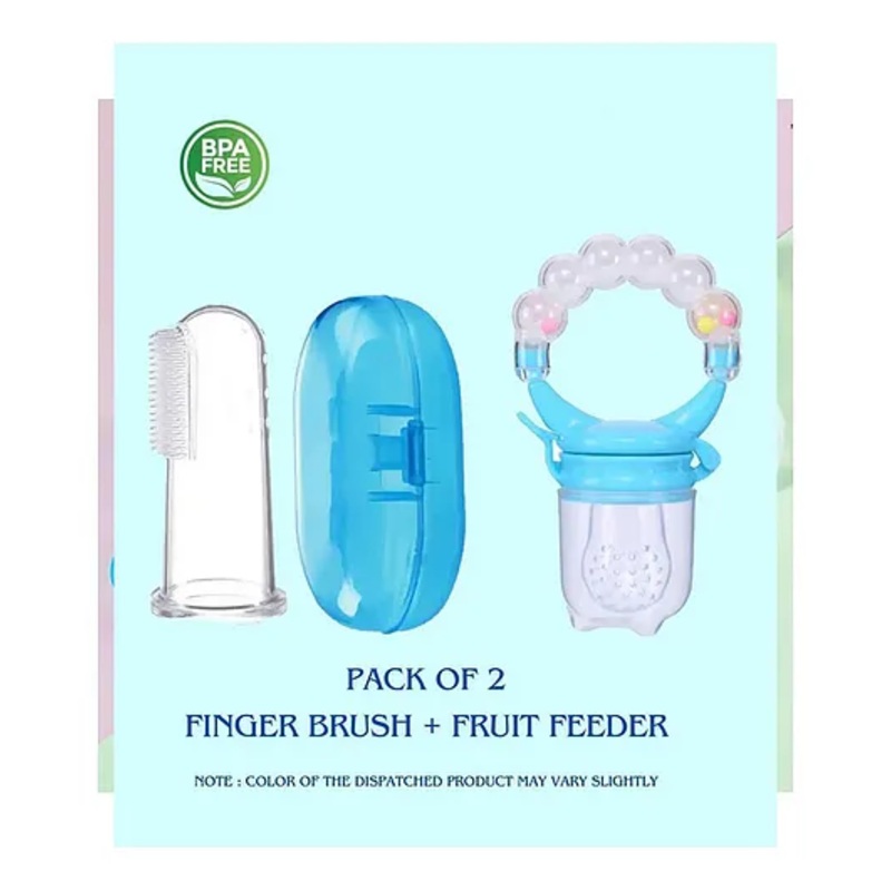 Numum Baby Soft Bristles Finger Toothbrush Having Tongue Cleaner Back With Silicone Baby Food Fruit Vegetable Feeder Baby Teether Baby Musical Rattle Soother Teething Toy For Toddlers Infants Babies Blue( Color and design may vary)
