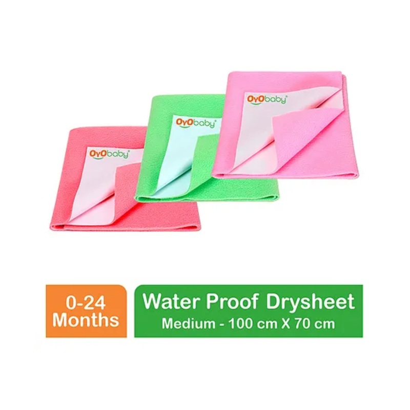 OYO BABY Anti-Piling Fleece Extra Absorbent Instant Dry Sheet, Baby Bed Protector, Waterproof Sheet, Medium (100cm x 70cm), Pack of 3 – Salmon Rose + Pink + Light Green
