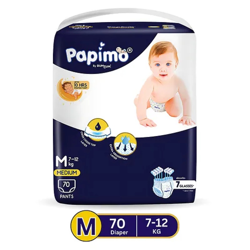Papimo Baby Diaper Pants  | 12 Hours Absorption with Criss-Cross Technology | Cottony Soft & Breathable | Aloe Vera Infused | Wetness Indicator | Medium (7-10 KG) | Pack of 1 (70 Diapers)