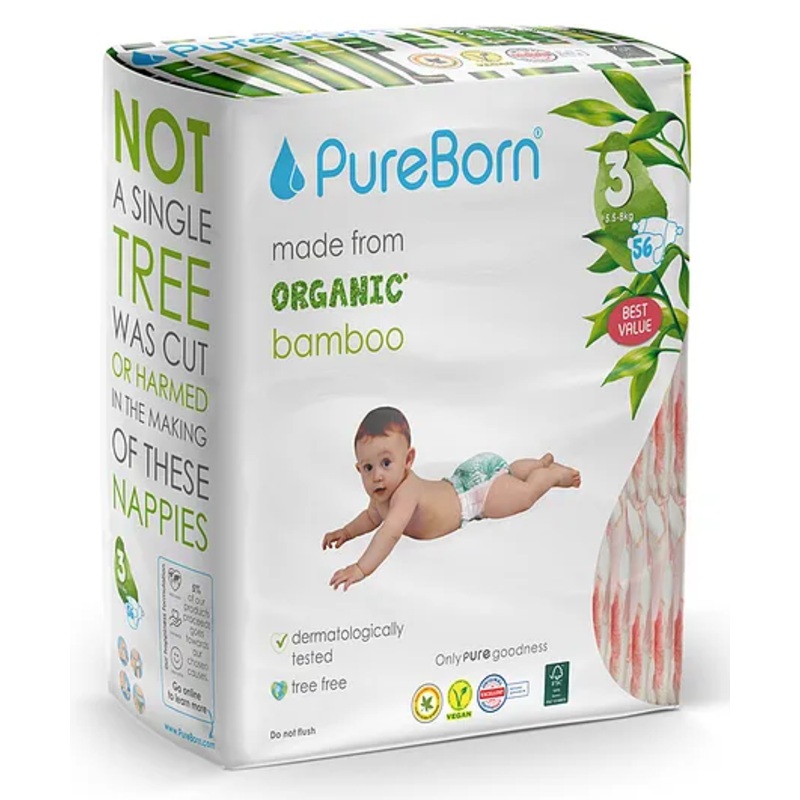 PureBorn Organic Disposable Baby Diapers I Super Soft I Maximum Leakage Protection I Made with Organic Bamboo I Double (Pack Of 56 Pcs), Size 3 (5.5-8 Kg)