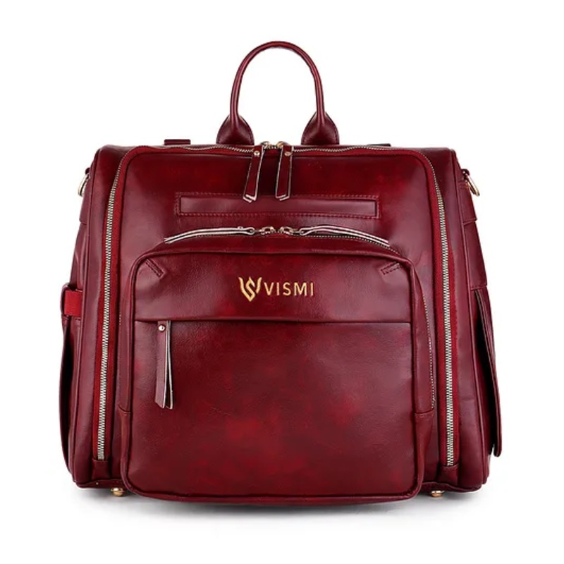 VISMIINTREND Diaper Backpack Bags for Women & Baby Solid Vegan Leather Multi- Compartment Maternity Backpack Travel, Hospital Visit Baby Diaper Bags with Detachable Strap, Trolley Sleeve – Wine