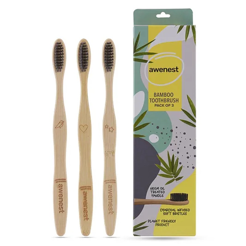 awenest Bamboo Toothbrush With Charcoal Activated Soft Bristles and Neem Coated Handle – Pack Of 3