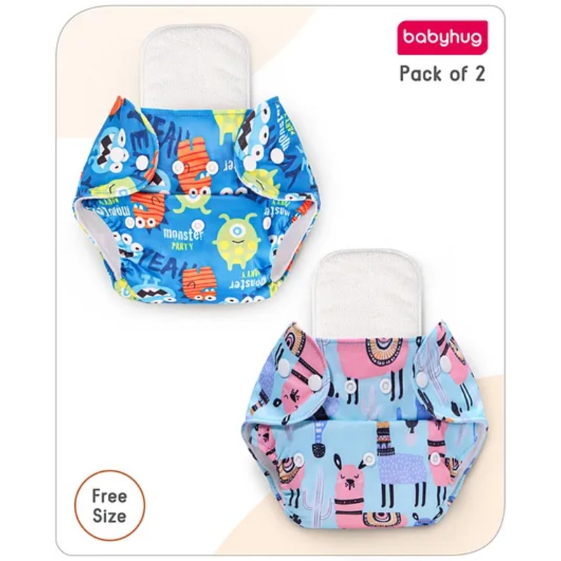 Babyhug Free Size Reusable Cloth Diaper with Inserts Cactus & Monster Prints Pack of 2 – Multicolour