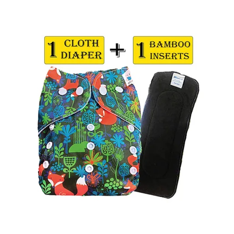 Babymoon Reusable Cloth Diaper with Bamboo Charcoal Insert Fox Print – Blue