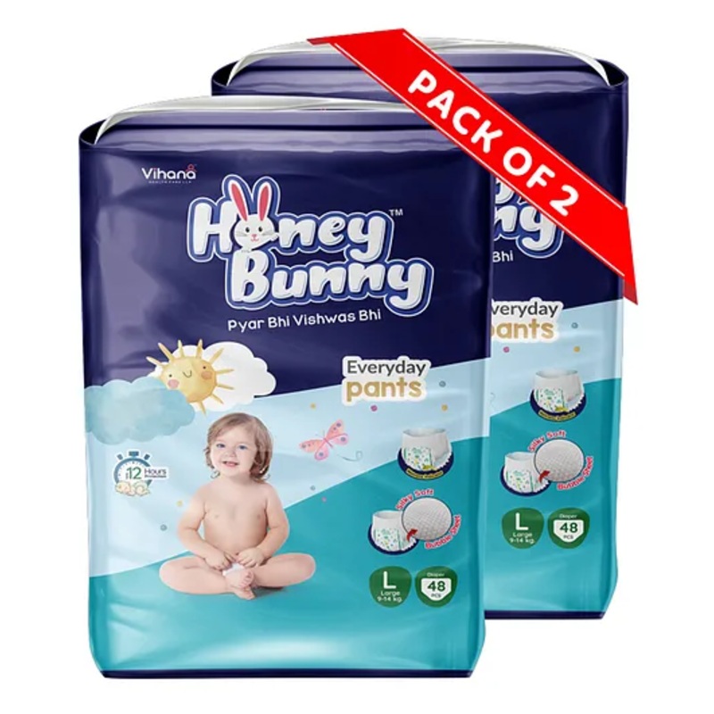 Honey Bunny Large Everyday Baby Pants Diapers – 96 Pcs (2 Pack of 48 Pcs)