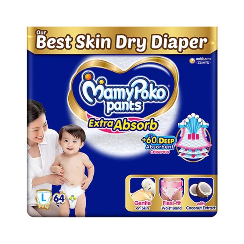 MamyPoko Pants Extra Absorb Baby Diapers, Large (L size) | 9-14 kg | 64 Count |Deep Sleep Diapers| Soft gentle fit |Deep Absorbent Crisscross | skin friendly with coconut oil |
