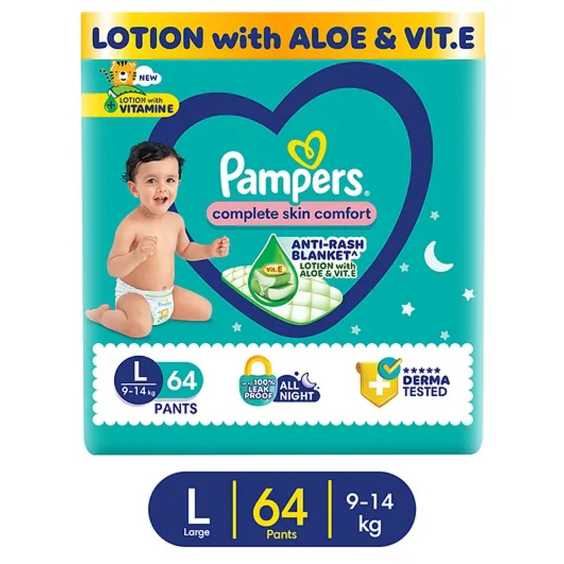 Pampers Complete Skin Comfort Pants, Anti-rash blanket, Lotion with Vitamin E & Aloe Vera,   Large size baby Diapers, (L) 64Count, 9-14 kg