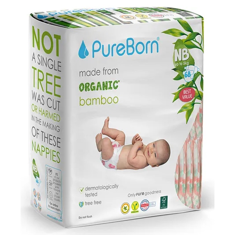 PureBorn Organic Disposable Baby Diapers For Newborn I Super Soft I Maximum Leakage Protection I Made with Organic Bamboo I Double (Pack of 68 Pcs), NB (Upto 5 Kg)