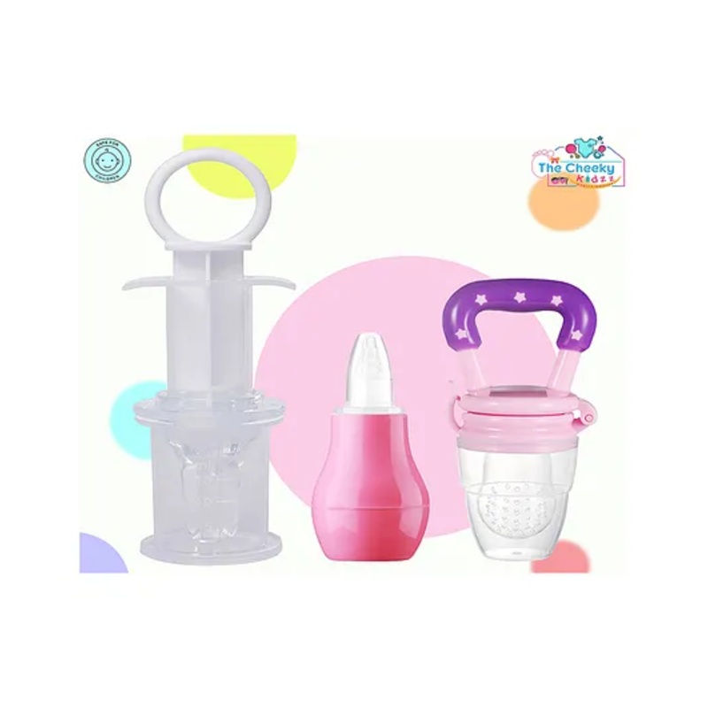 The Cheeky Kidzz Pack of 3 Baby Fruit Nose Suction | Baby Smart Medicine Dropper & Baby Fruit Nibbler Teether and Feeder (PINK)