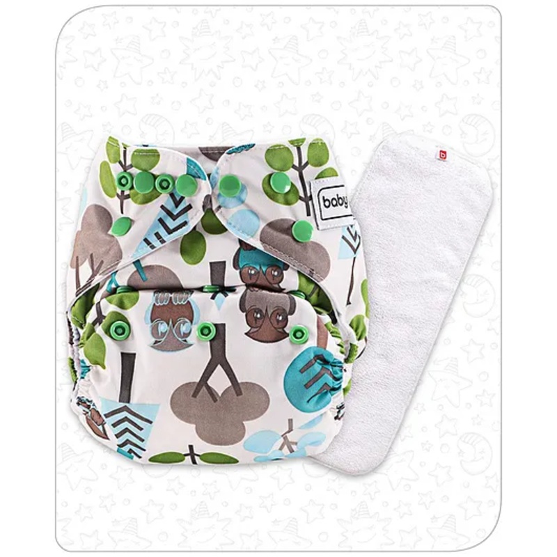 Babyhug Free Size Reusable Cloth Nappies With Insert Tree & Owl Print – White Green