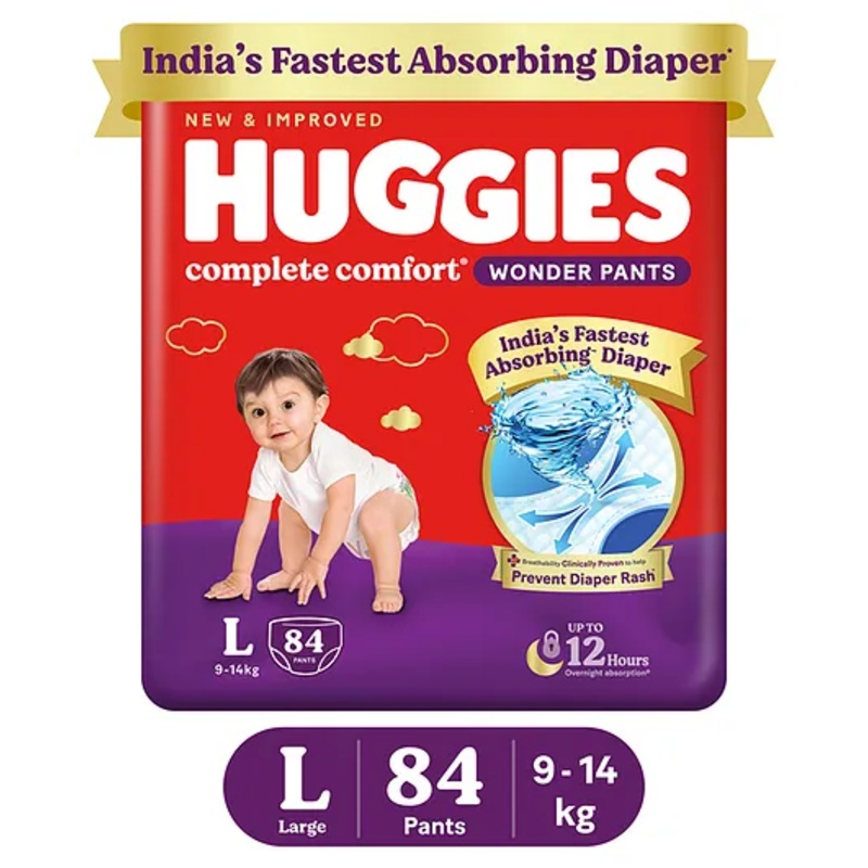 Huggies Complete Comfort Wonder Pants, India’s Fastest Absorbing Diaper | L Size, 84 Diapers