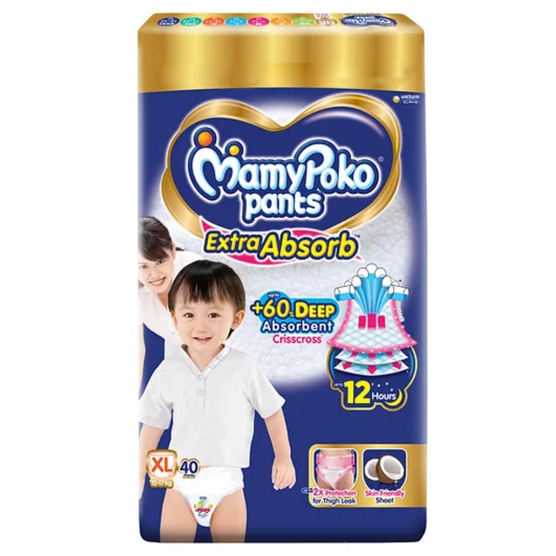 MamyPoko Pants Extra Absorb Baby Diapers, Extra Large (XL size) | 12-17 kg | 40 Count |Deep Sleep Diapers| Soft gentle fit |Deep Absorbent Crisscross | skin friendly with coconut oil |