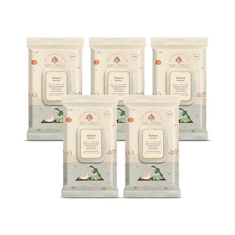 Baby Forest Mulmul Baby Wipes, Ultra-soft, Water-based, 3X thicker and softer wipes 72 Wipes each, Pack of 5