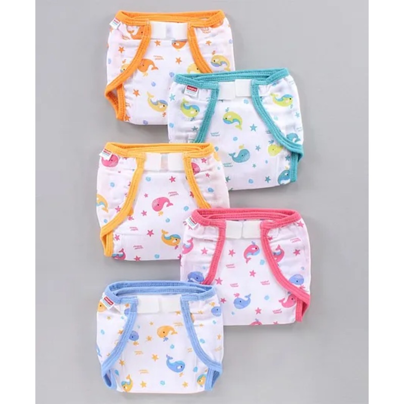 Babyhug Muslin Cotton Reusable Velcro Printed Cloth Nappies Medium Set of 5 – Multicolor