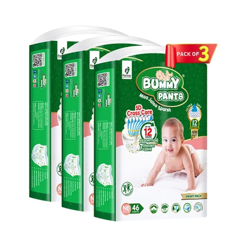 Bummy Pants  Super Dry Baby Diaper in New Born & XS sizes, 138 Count, 5D Core, Anti-Rash Layer, 12 Hrs Protection,Upto 3 Kg- 138 Pieces