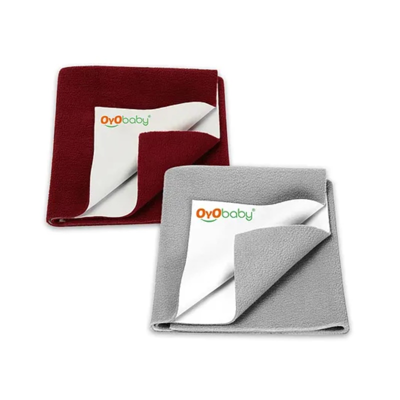 OYO BABY Anti-Piling Fleece Extra Absorbent Instant Dry Sheet, Baby Bed Protector, Waterproof Sheet, Small (100cm x 70cm), Gray and Maroon (Pack of 2)