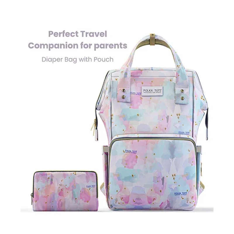 Polka Tots Stylish Premium Diaper Bag for Moms  17+ Pockets Multifunctional Backpack With Additional Pouch | Tie-Dye Print (Pink)