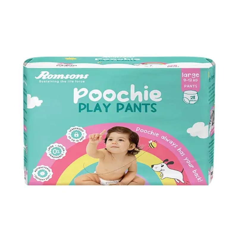 Romsons Poochie Play Pants Baby Diaper | L Size | Super Absorbent Core | Leakproof Protection for up to 10 Hours | Wetness Indicator | 360 Comfort Fit | Suitable for 9-13 KG | Pack of 1 (28 count)