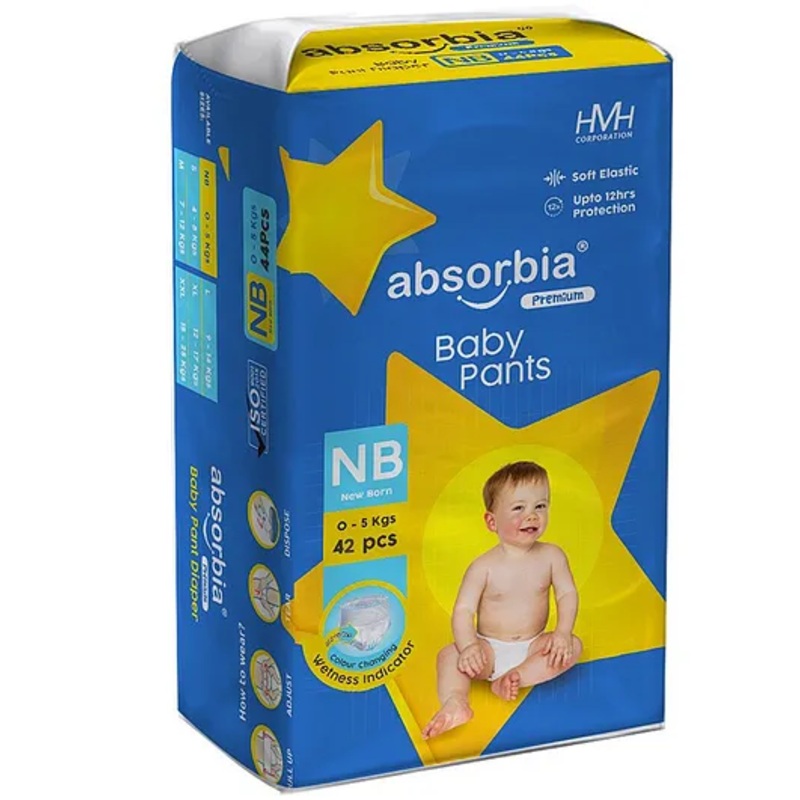 ABSORBIA Premium Baby Diaper Pants | New born | 0-5 Kg – New Born (42 Pieces)