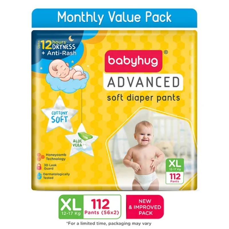 Babyhug Advanced Pant Style Diapers Extra Large (XL) Size  Monthly Box Pack – 112 Pieces, Honeycomb Technology, Cottony Soft Diaper with 3D Leak Guard, Latex & Alcohol Free, Anti-rash & Gentle