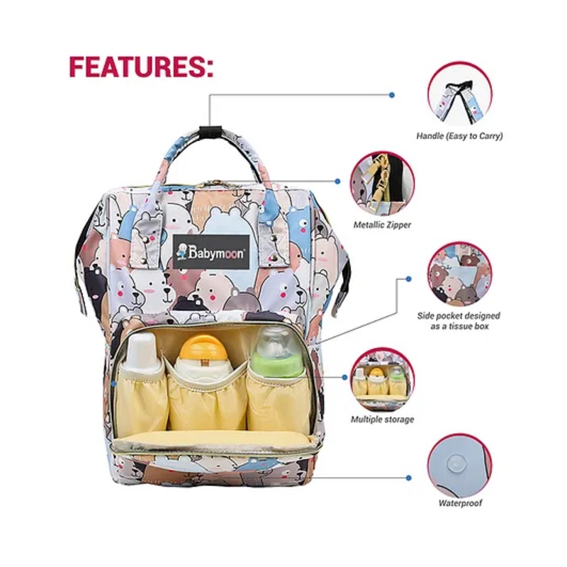 Babymoon Multifunction Backpack Style Maternity Bear Print Diaper Bag – Multicolor