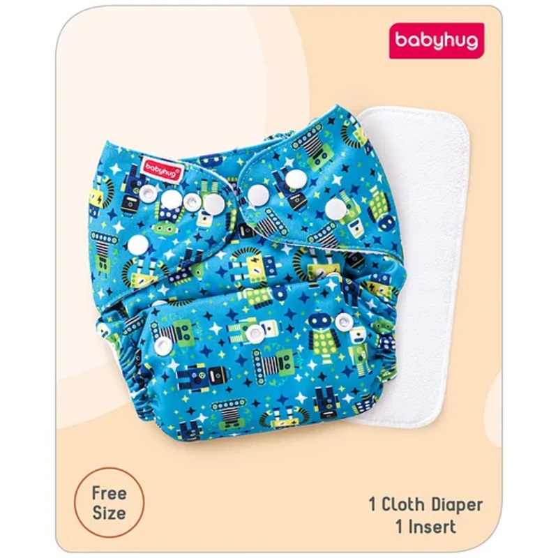Babyhug Free Size Reusable Cloth Diaper with Smart Dry Insert Combo Robot Print- Teal Blue