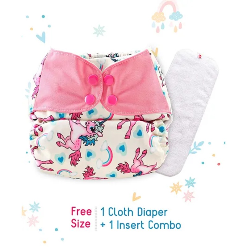 Babyhug Free Size Reusable Contrast Flap Closure Cloth Nappies With Insert Unicorn Print – Pink