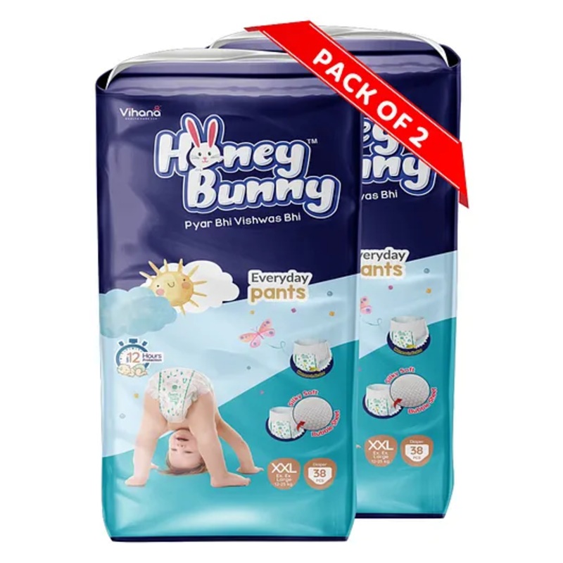 Honey Bunny Extra Extra Large Everyday Baby Pants Diapers – 76 Pcs ( 2 Pack of 38 Pcs)