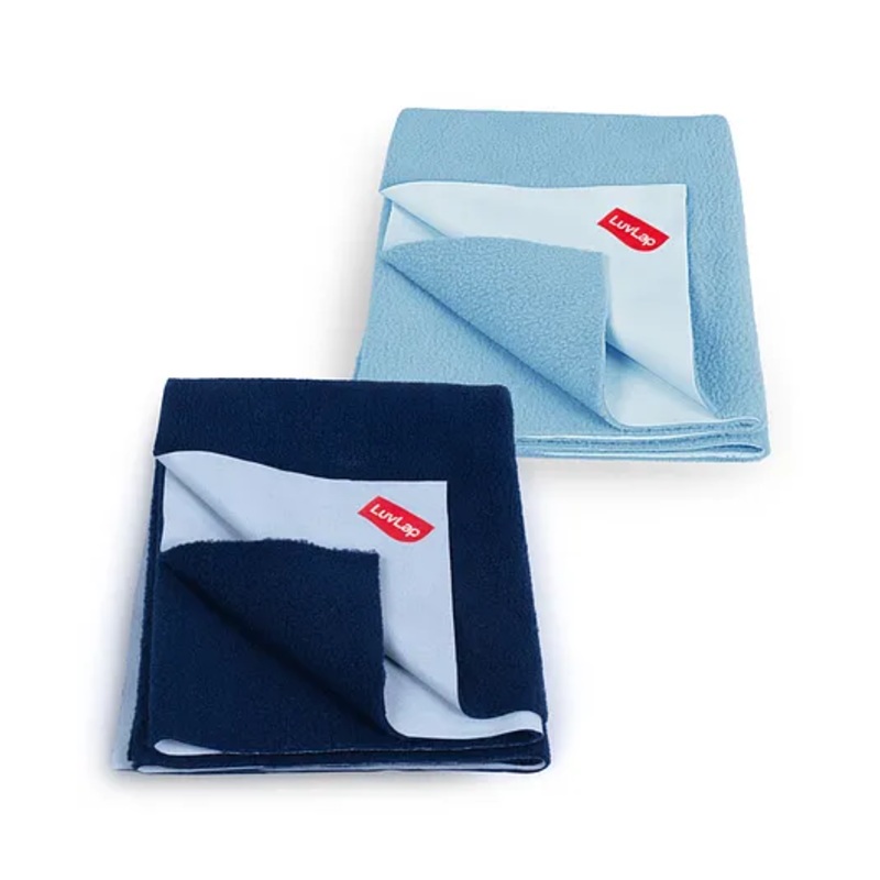 LuvLap Instadry Anti-Piling Fleece Quick Dry Baby Bed Protector Sheet, Waterproof, 70x50cm, Pack of 2, Sky Blue & Navy Blue
