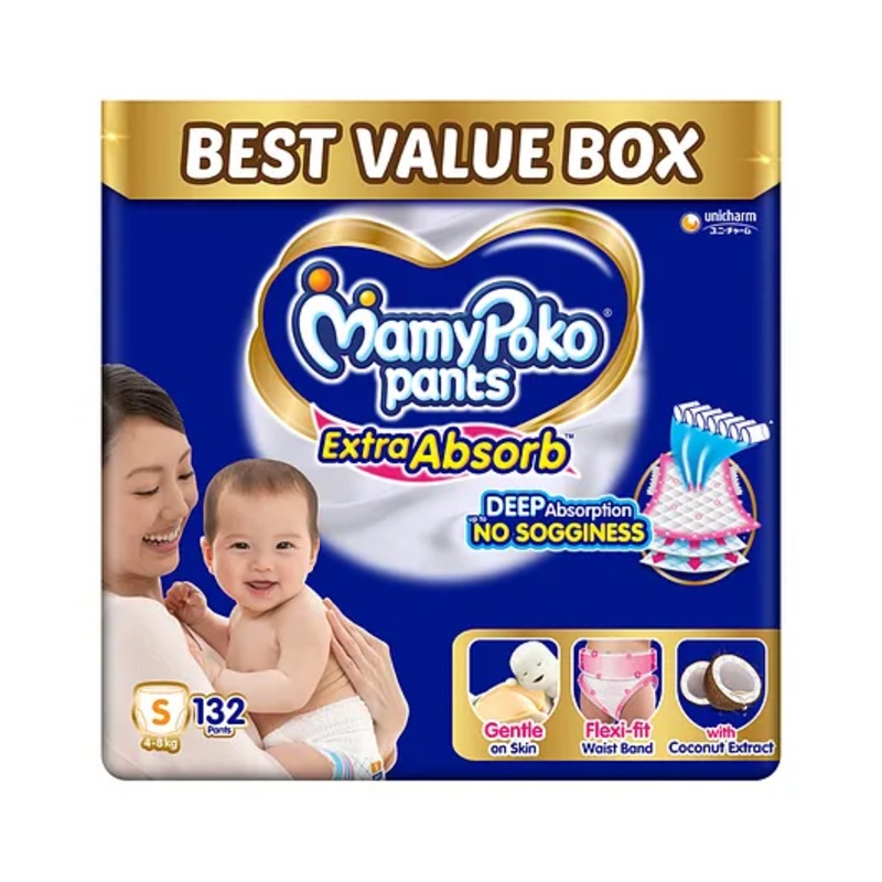 MamyPoko Pants Extra Absorb Baby Diapers, Small (S size) | 4-8 kg | 132 Count |Deep Sleep Diapers| Soft gentle fit |Deep Absorbent Crisscross | skin friendly with coconut oil |