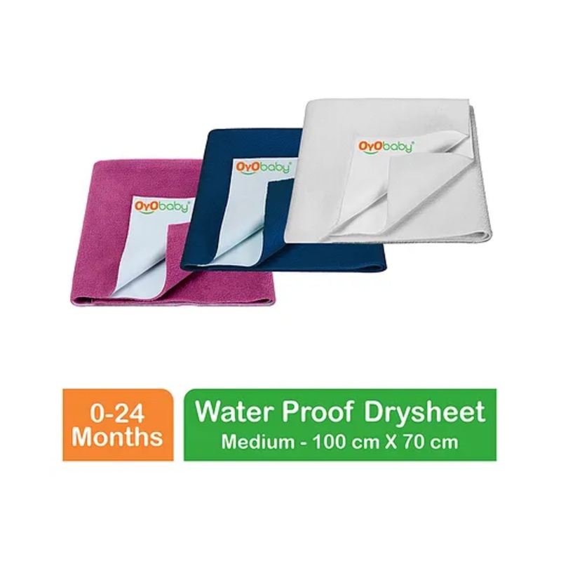 OYO BABY Anti-Piling Fleece Extra Absorbent Instant Dry Sheet, Baby Bed Protector, Waterproof Sheet, Medium (100cm x 70cm), Pack of 3 – Dark Sea Blue + Ivory + Rani Pink